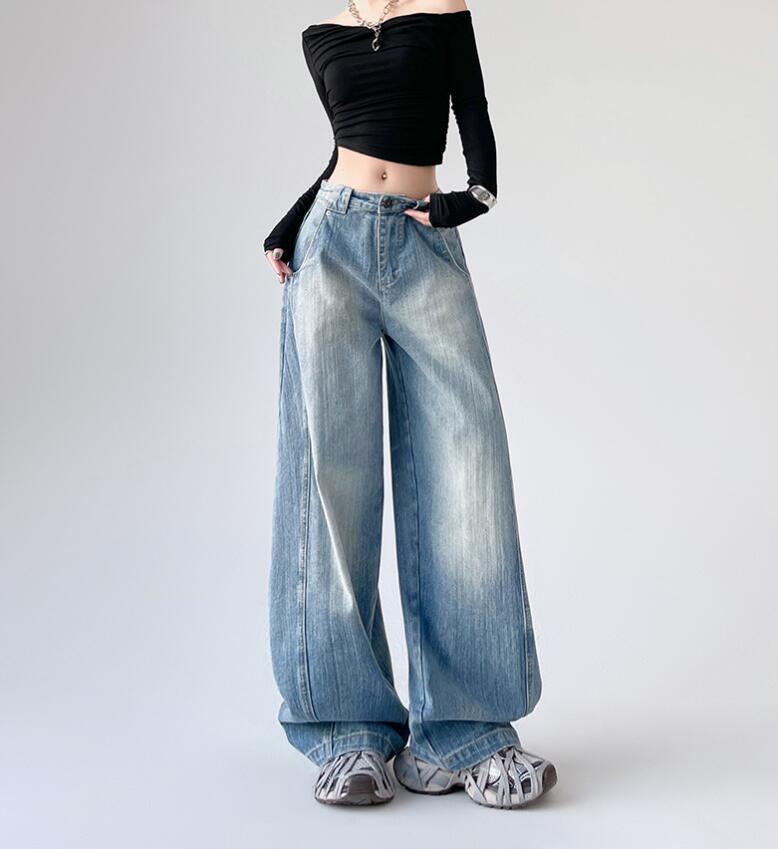 ワイドパンツ デニム デニムパンツ レディース 選べる丈 ジーンズ パンツ ジーパン かっこいい カジュアル ゆったり ダンス ヒップホップ ゆるめ ウォッシュ加工 韓国ファッション かわいいワイドパ