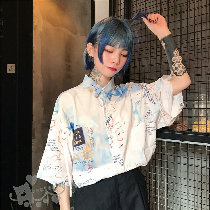 シャツ ダンス衣装 航海柄 地図柄 五分袖 総柄 プリント ビッグシルエット トップス ヒップホップ コスチューム 韓国ファッション かっこいい 服 原宿系 演出服 個性的シャツ ダンス衣装 航海柄 
