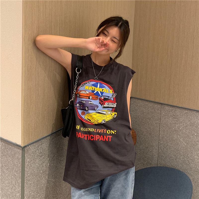 全2色 Tシャツ カットソー ノースリーブ 袖なし 切り替え バイカラー 配色 体型カバー LOGO ロゴ 英字 原宿系ファッション 韓国風 ダンス 衣装 ヒップホップ HIPHOP 個性 ダンサー全