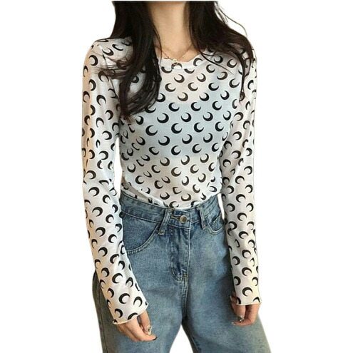 月柄3色シースルートップス長袖カットソー薄手透け感Tシャツインナー重ね着ダンス衣装ヒップホップHIPHOPレディースガールズストリート個性的スター星韓国おしゃれセクシーメロウメロー白黒緑総柄月柄3色シ