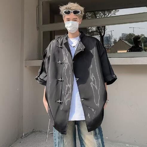チャイナボタンシャツブラウストップスカットソー半袖前開きゆったり大きいサイズダンス衣装ヒップホップHIPHOPメンズ大人韓国奇抜派手おしゃれかっこいい個性的チャイナボタンシャツブラウストップスカ レデ